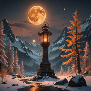 Giant lantern in Alaska wilderness under full round orange moon.jpg