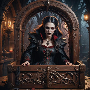 Beautiful vampire Gothic lady inside a magical wooden box.jpg