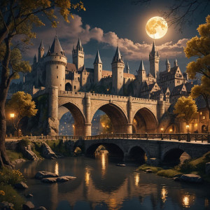 Beautiful bridge over the river in a medieval city under full round golden moon.jpg
