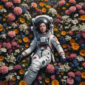 Female astronaut lying on a bed of flowers.jpg