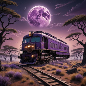 Ghost train in African savannah under full round purple moon.jpg