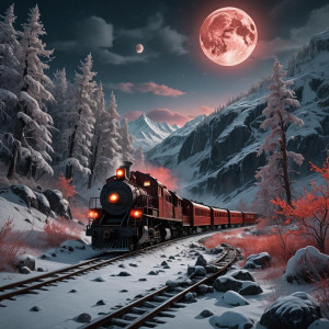Ghost train in Alaska wilderness under full round scarlet moon.jpg
