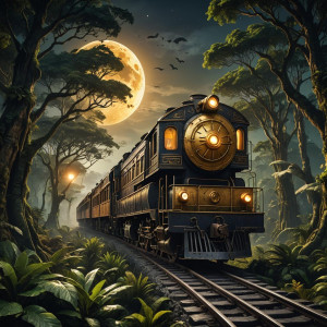 Ghost train in Amazon jungle under full round golden moon.jpg
