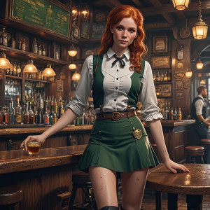Beautiful redhead waitress in a short skirt in an Irish bar.jpg
