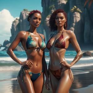 Two beautiful female lovers in bikini swimsuits on the beach.jpg