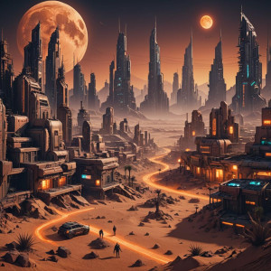 Cyberpunk city in the desert under full round orange moon.jpg