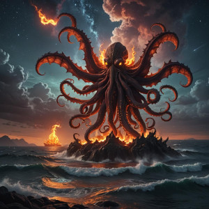 Giant fiery Cthulhu in the night sky over the ocean.jpg
