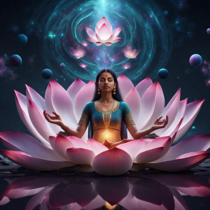 Beautiful Indian woman meditates inside a giant lotus flower in deep space.jpg