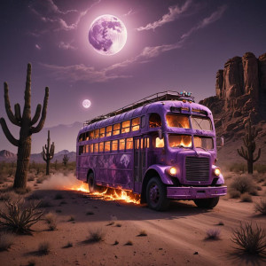 Burning ghost bus in Arizona desert under full round purple Moon.jpg