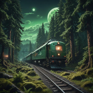 Cyberpunk train in Oregon forest under full round green Moon.jpg