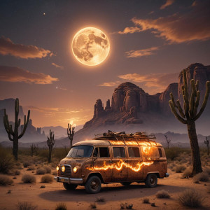 Burning ghost van in Arizona desert under full round golden Moon.jpg