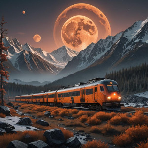 Nuclear-powered futuristic train in Alaskan wilderness under full round orange moon.jpg