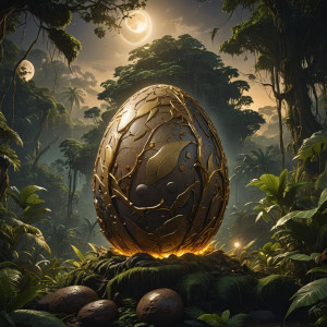 Giant cosmic egg in Amazon jungle under full round golden moon.jpg