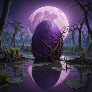 Giant cosmic egg in Louisiana swamp under full round purple moon.jpg