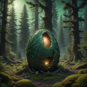 Giant cosmic egg in the Oregon forest under full round green moon.jpg