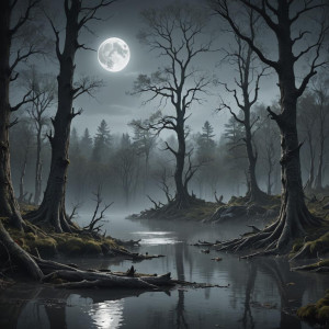 Gloomy haunted forest lake under full round grey moon.jpg