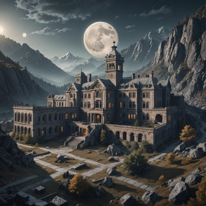 Colossal abandoned mental hospital in a mountain valley under full round grey moon.jpg