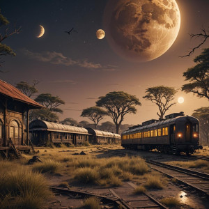 Abandoned train depot in African savannah under full round golden moon.jpg