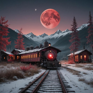 Abandoned train depot in Alaska wilderness under full round scarlet moon.jpg
