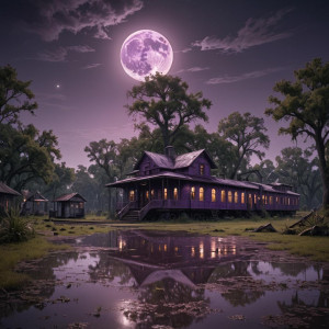 Abandoned train depot in Louisiana swamp under full round purple moon.jpg