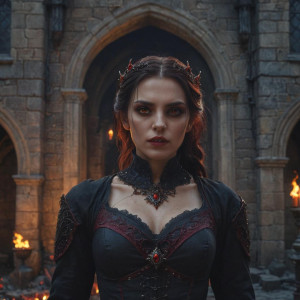Beautiful vampire woman with fiery eyes in medieval castle.jpg