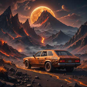 Volcanic car in the mountains under full round golden moon.jpg