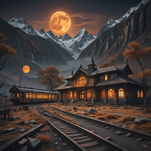 Abandoned train station in the Himalayas under full round orange moon.jpg