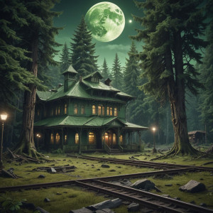 Abandoned train station in the Oregon forest under full round green moon.jpg