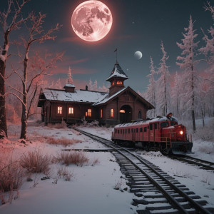 Abandoned train station in Alaska wilderness under full round scarlet moon.jpg