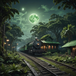 Abandoned train station in Amazon jungle under full round green moon.jpg