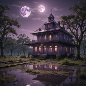 Abandoned train station in Louisiana swamp under full round purple moon.jpg
