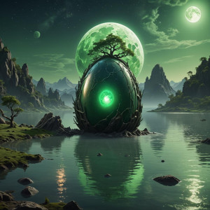 Giant cosmic egg in the lake under full round green moon.jpg