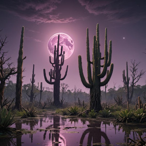 Giant cactus in Louisiana swamp under full round purple moon.jpg