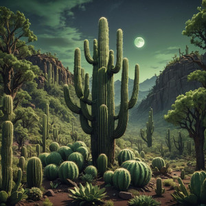 Giant cactus in Oregon forest under full round green moon.jpg