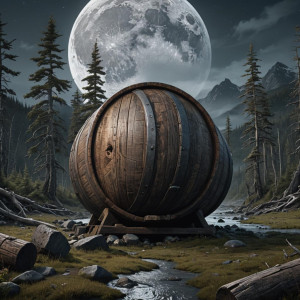 Giant barrel in Alaska wilderness desert under full round grey moon.jpg
