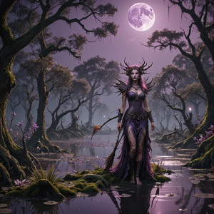 Beautiful fae in Louisiana swamp under full round purple moon.jpg