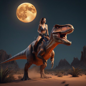 Beautiful lady riding a dinosaur in Arizona desert under full round orange moon - FXL.jpg