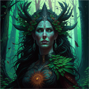 Goddess Morrigan in Irish forest under Black Sun - ЦЖ.png