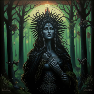 Goddess Morrigan in Irish forest under Black Sun - КМ.png