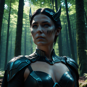 Goddess Morrigan in Irish forest under Black Sun - HP1.png
