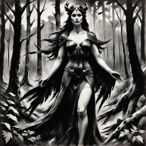 Goddess Morrigan in Irish forest under Black Sun - HP2.png