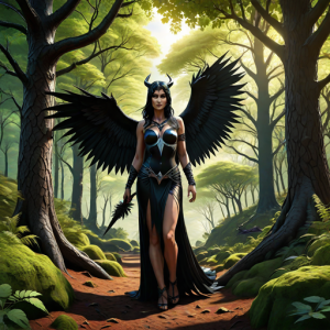 Goddess Morrigan in Irish forest under Black Sun - HP10.png