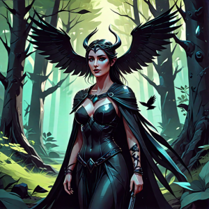 Goddess Morrigan in Irish forest under Black Sun - HP11.png