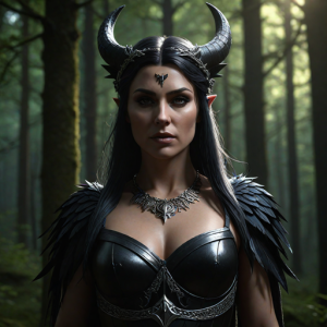 Goddess Morrigan in Irish forest under Black Sun - HP12.png