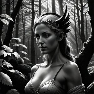 Goddess Morrigan in Irish forest under Black Sun - HP13.png