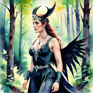 Goddess Morrigan in Irish forest under Black Sun - HP14.png