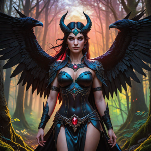 Goddess Morrigan in Irish forest under Black Sun - HP15.png