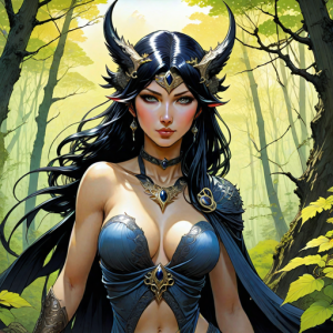 Goddess Morrigan in Irish forest under Black Sun - HP16.png