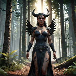 Goddess Morrigan in Irish forest under Black Sun - HP20.png