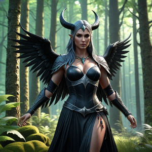 Goddess Morrigan in Irish forest under Black Sun - HP24.png